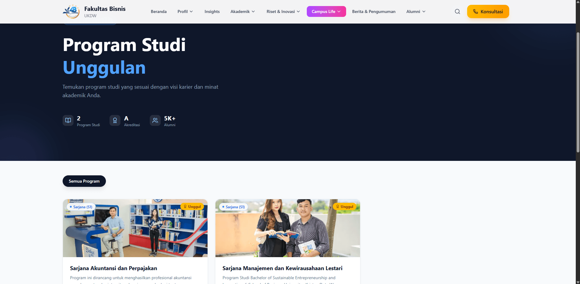 Halaman program studi FBIS UKDW yang interaktif dan informatif